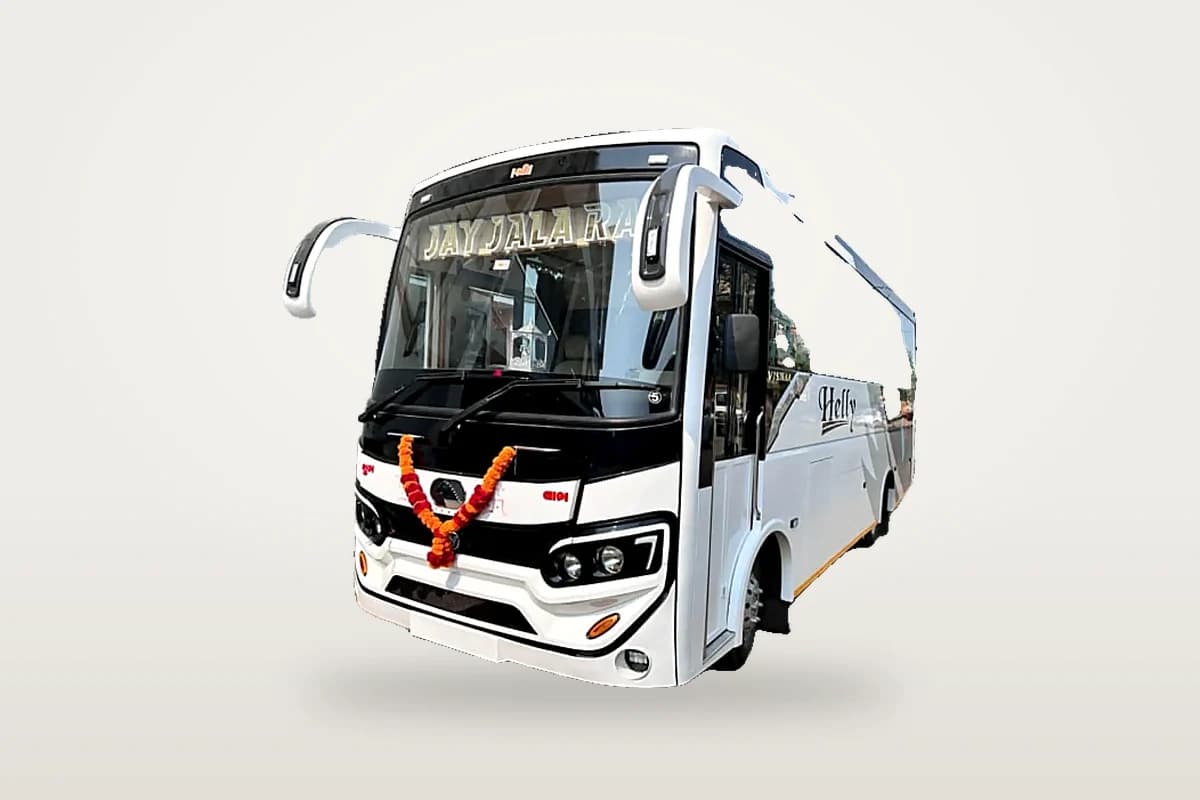 White 29-seat air-conditioned mini coach, front three-quarter view